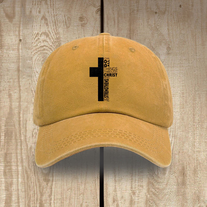 Christianartworkshop Gorra de béisbol lavada con forma de cruz y versículo bíblico "Todo lo puedo en Cristo que me fortalece" - Amarillo - image 9