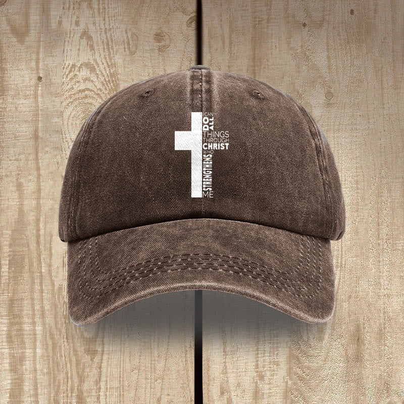 Christianartworkshop Gorra de béisbol lavada con forma de cruz y versículo bíblico "Todo lo puedo en Cristo que me fortalece" - Café - image 14