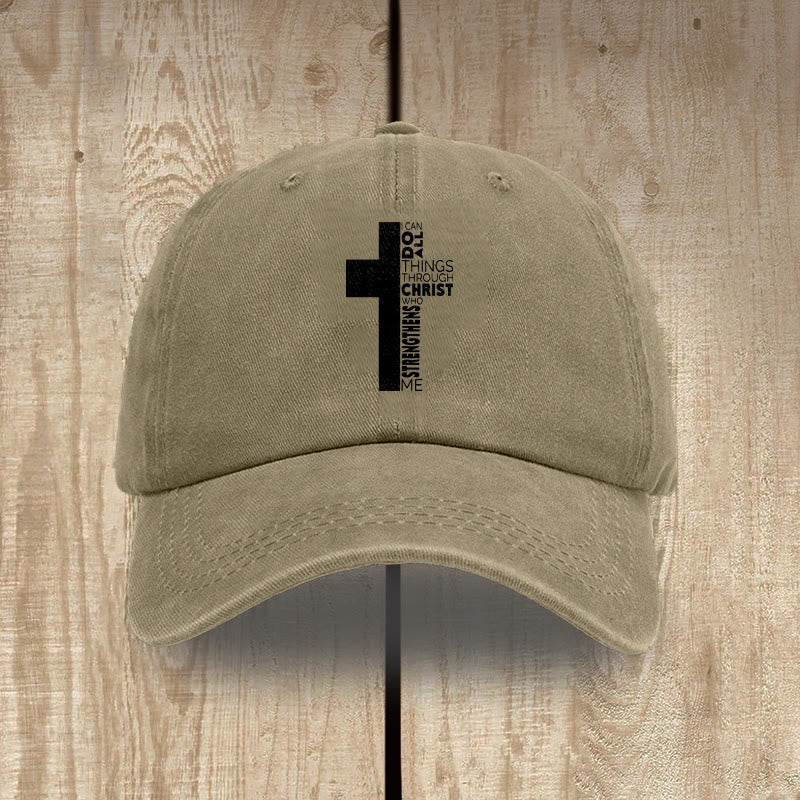 Christianartworkshop Gorra de béisbol lavada con forma de cruz y versículo bíblico "Todo lo puedo en Cristo que me fortalece" - Caqui - image 15
