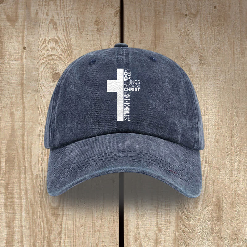 Christianartworkshop Gorra de béisbol lavada con forma de cruz y versículo bíblico "Todo lo puedo en Cristo que me fortalece" - Azul marino - image 5