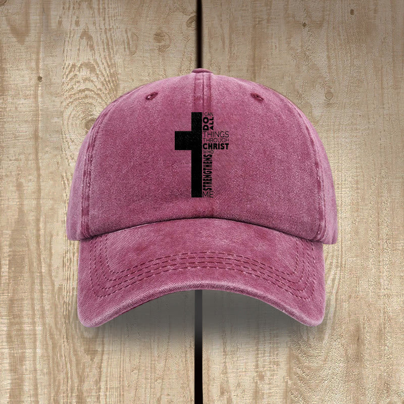 Christianartworkshop Gorra de béisbol lavada con forma de cruz y versículo bíblico "Todo lo puedo en Cristo que me fortalece" - Vino tinto - image 11