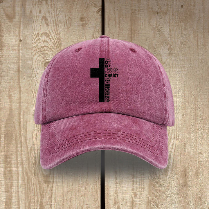 Christianartworkshop Gorra de béisbol lavada con forma de cruz y versículo bíblico "Todo lo puedo en Cristo que me fortalece" - Vino tinto - image 11