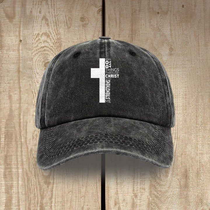 Christianartworkshop Gorra de béisbol lavada con forma de cruz y versículo bíblico "Todo lo puedo en Cristo que me fortalece" - Negro - image 0