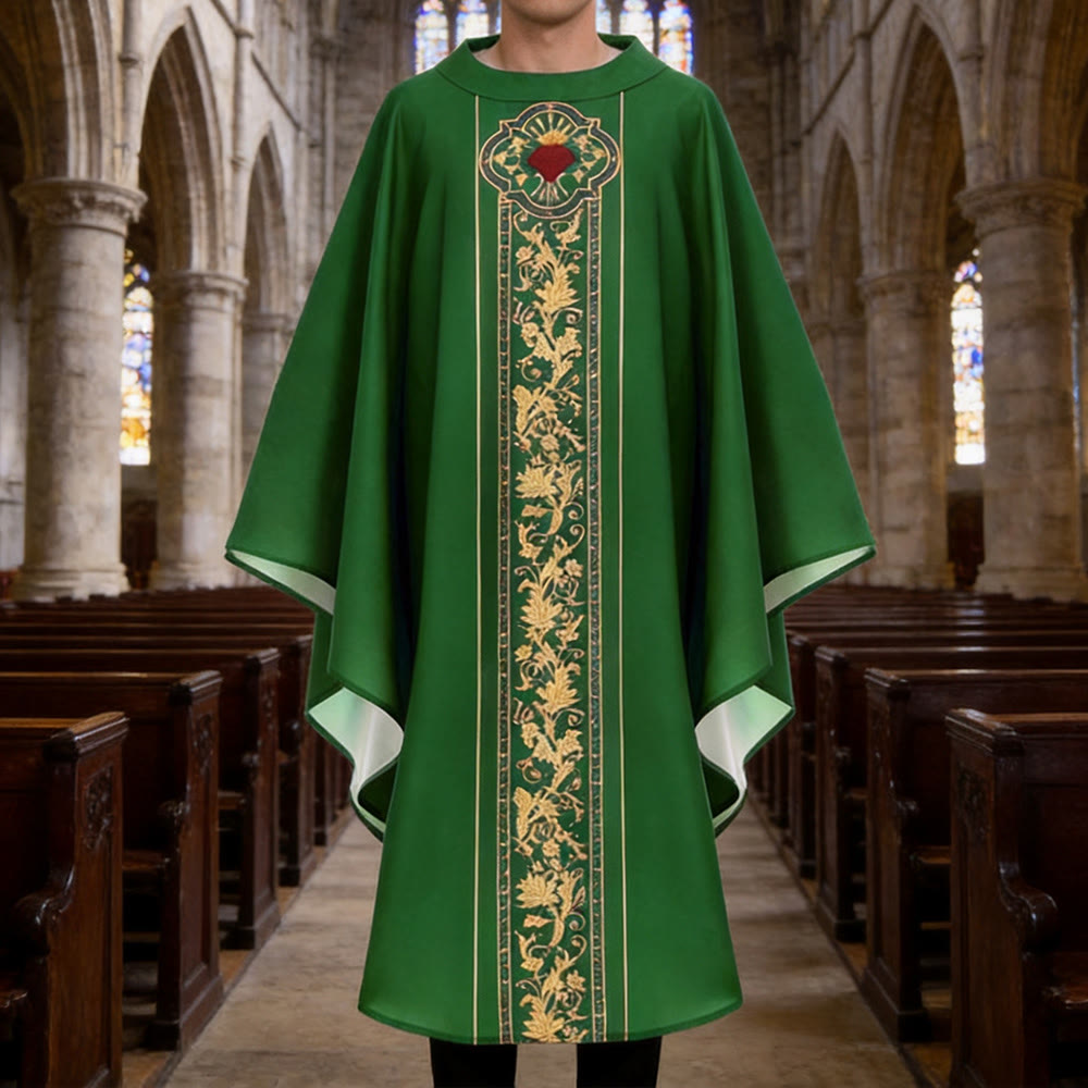 Christianartworkshop Casulla con escudo del Sagrado Corazón y gráfico de enredadera floral. - Verde - Talla única que se adapta a la mayoría - image 0