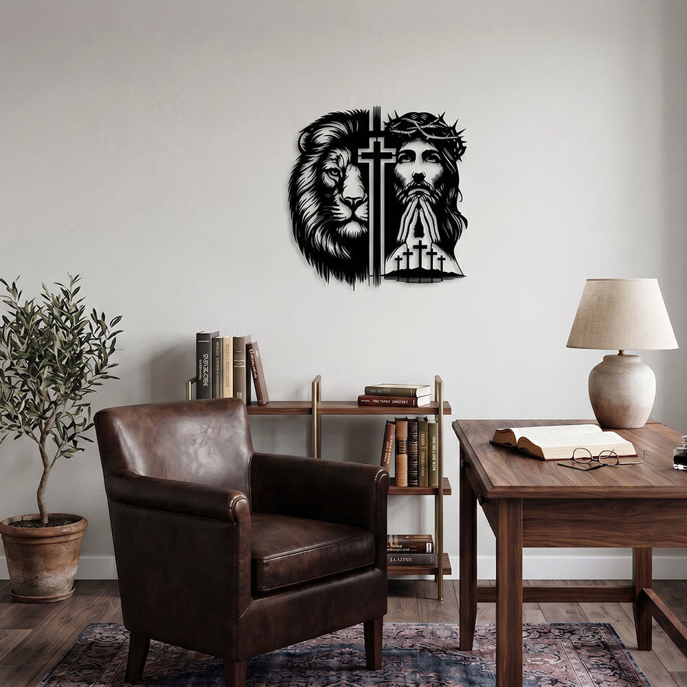 Christianartworkshop Silueta dividida de metal del León de Judá y Jesús con la Corona de Espinas para decoración de pared - image 1