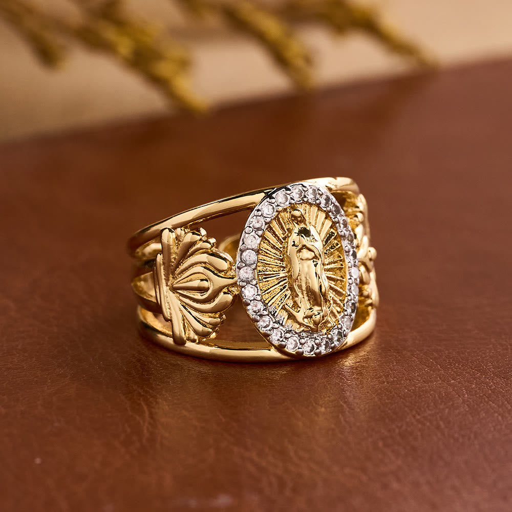 Christianartworkshop Anillo intrincado de la Virgen de Guadalupe con halo de circonitas: Un recordatorio de la gracia celestial. - image 1