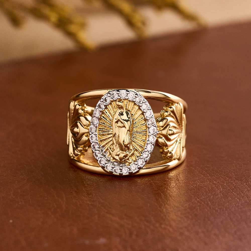 Christianartworkshop Anillo intrincado de la Virgen de Guadalupe con halo de circonitas: Un recordatorio de la gracia celestial. - Nuestra Señora (Apto para tallas estadounidenses 7-9) - image 0