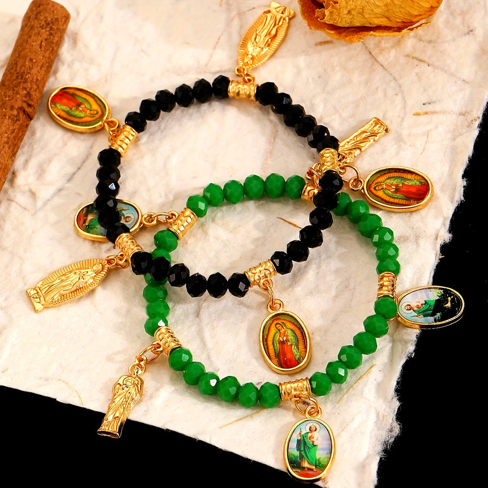Christianartworkshop Pulsera de cuentas intrincadas con dijes de Nuestra Señora de Guadalupe y San Judas Tadeo: Un recordatorio del amor sagrado. - image 1