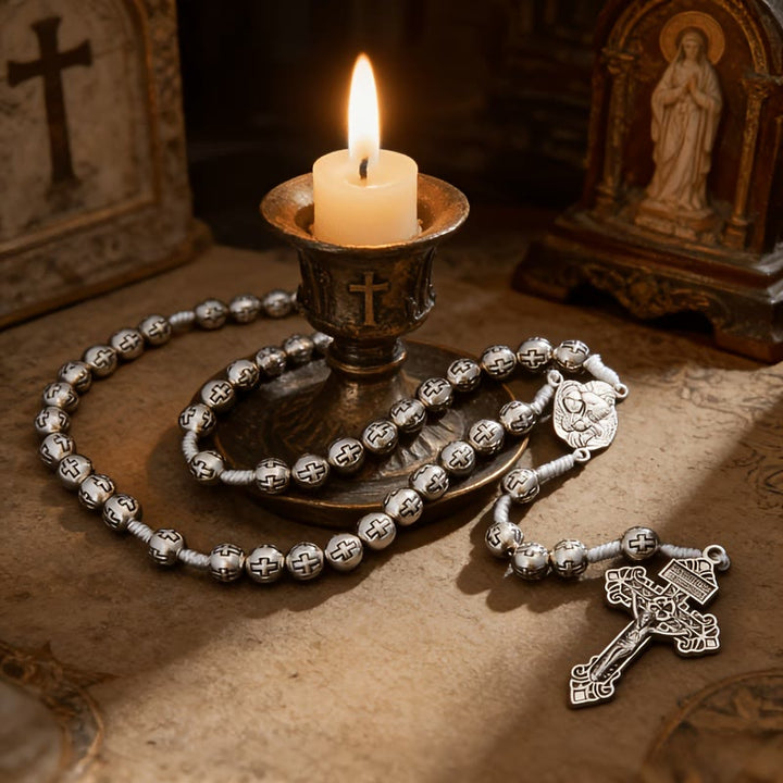 Christianartworkshop Rosario del Centro de la Sagrada Familia con crucifijo y cuentas grabadas con una cruz: un símbolo de devoción sagrada. - image 2