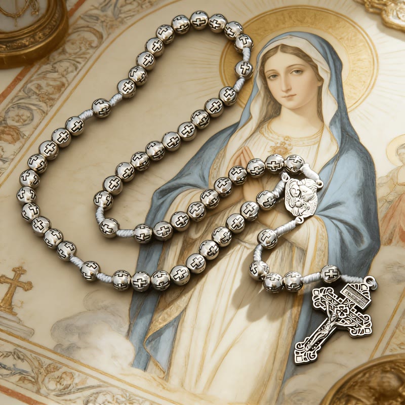 Christianartworkshop Rosario del Centro de la Sagrada Familia con crucifijo y cuentas grabadas con una cruz: un símbolo de devoción sagrada. - Sagrada Familia y Crucifijo - image 0