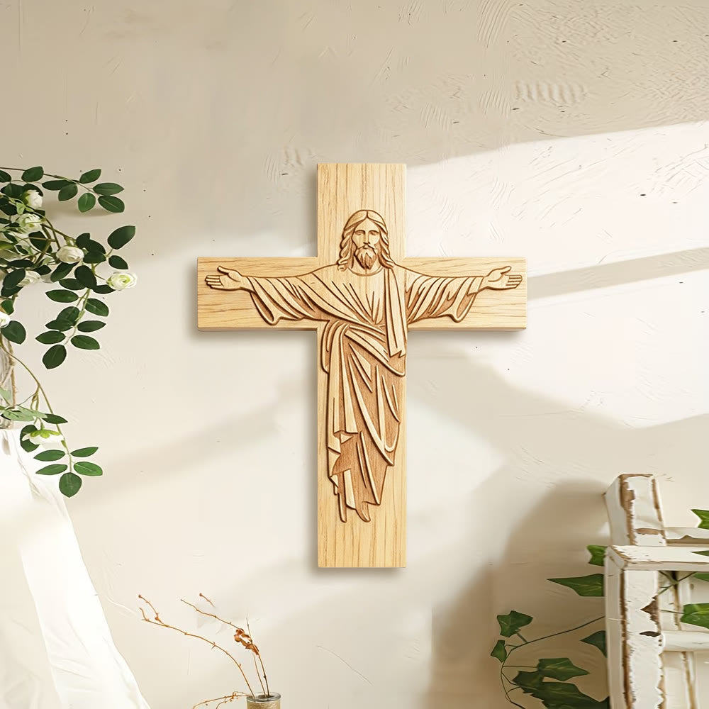 Christianartworkshop Placa de madera clásica minimalista con cruz de Jesús y diseño de brazos abiertos: un emblema atemporal de devoción. - image 1
