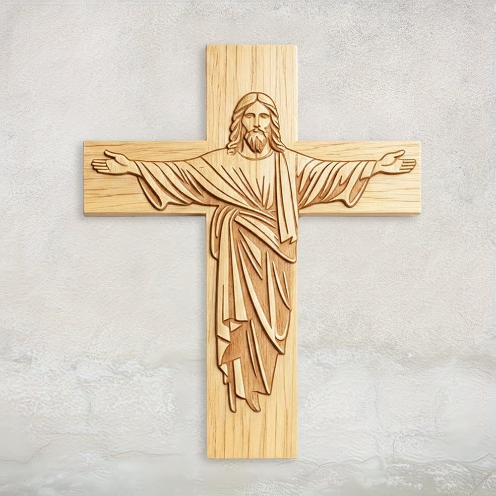 Christianartworkshop Placa de madera clásica minimalista con cruz de Jesús y diseño de brazos abiertos: un emblema atemporal de devoción. - 15,75''*19,69''*0,2''/40*50*0,5 cm - image 0