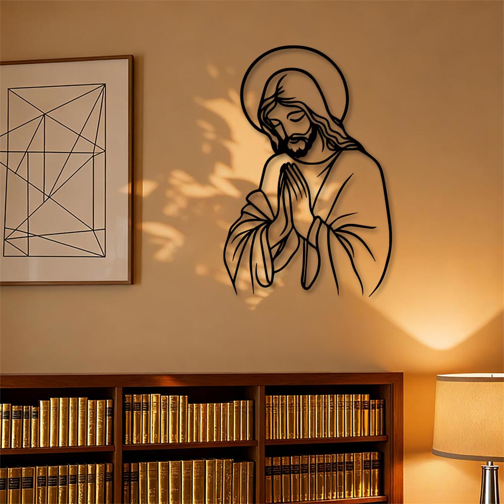 Christianartworkshop Decoración de pared metálica minimalista con la figura de Jesús orando y un halo: un símbolo de humilde y sagrada devoción. - image 0