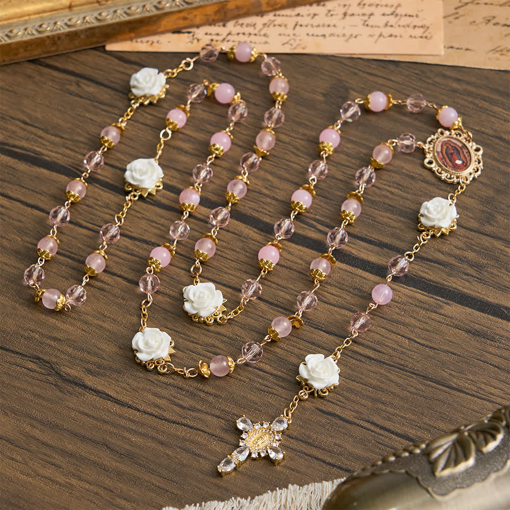 Christianartworkshop Rosario de Nuestra Señora de Guadalupe con cristales rosas y rosas blancas - image 1