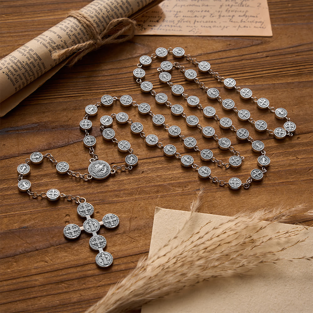 Christianartworkshop Rosario de plata antigua con medalla redonda de San Benito de doble cara y cruz de medalla combinada. - image 1