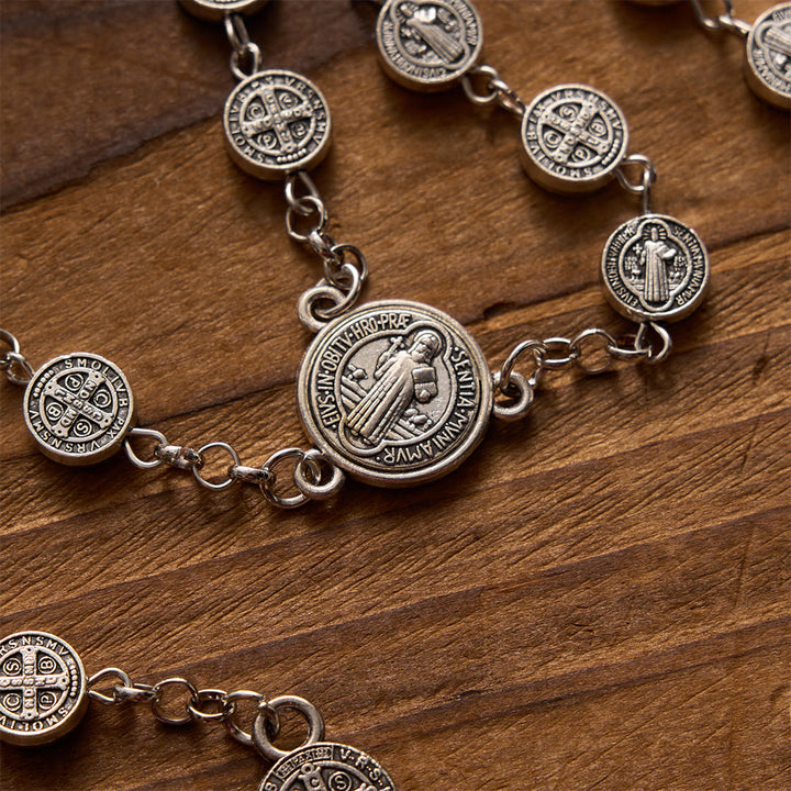 Christianartworkshop Rosario de plata antigua con medalla redonda de San Benito de doble cara y cruz de medalla combinada. - image 3