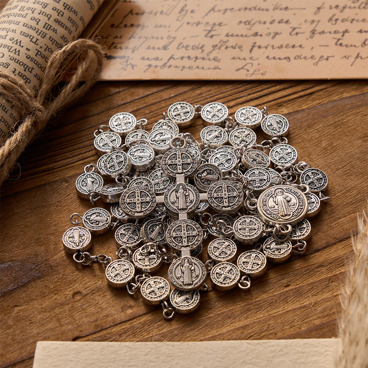 Christianartworkshop Rosario de plata antigua con medalla redonda de San Benito de doble cara y cruz de medalla combinada. - Rosario de San Benito - image 0