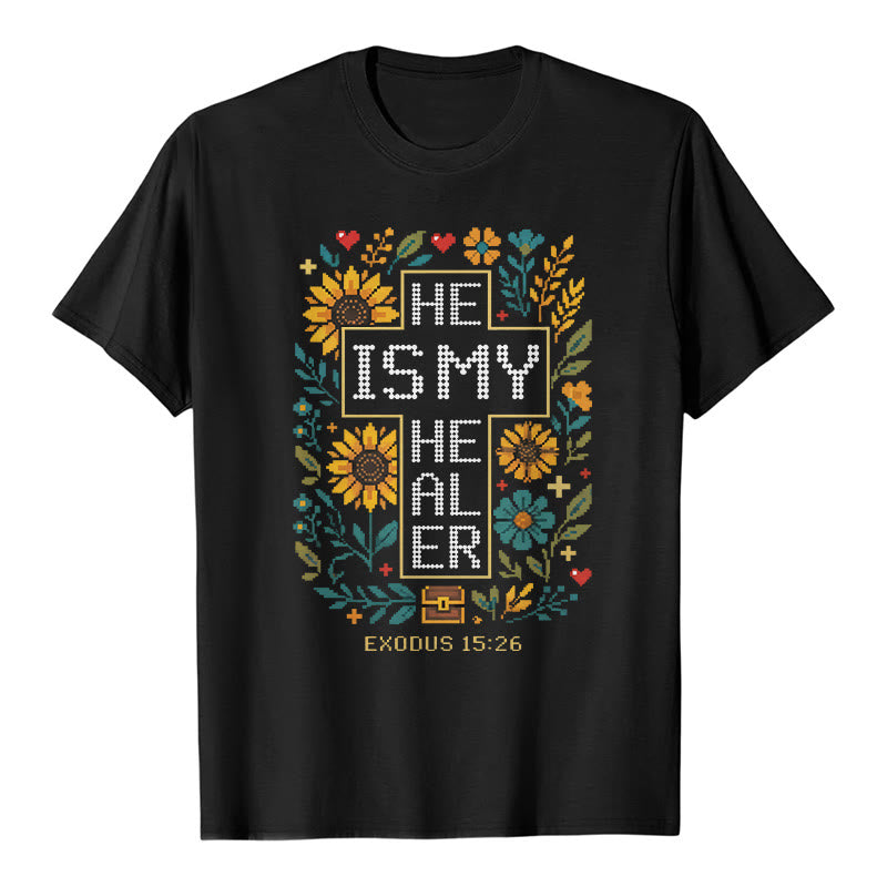 Christianartworkshop Camiseta de manga corta premium con detalle floral de punto de cruz inspirador de Éxodo 15:26 - Negro - 2XL - image 1