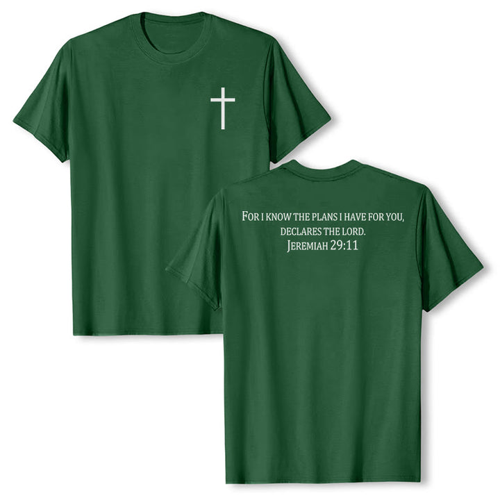 Christianartworkshop Porque yo sé los planes que tengo para ustedes Jeremías 29:11 Camiseta de manga corta premium con cruz en la parte delantera del pecho y la espalda - Verde oscuro - 2XL - image 18