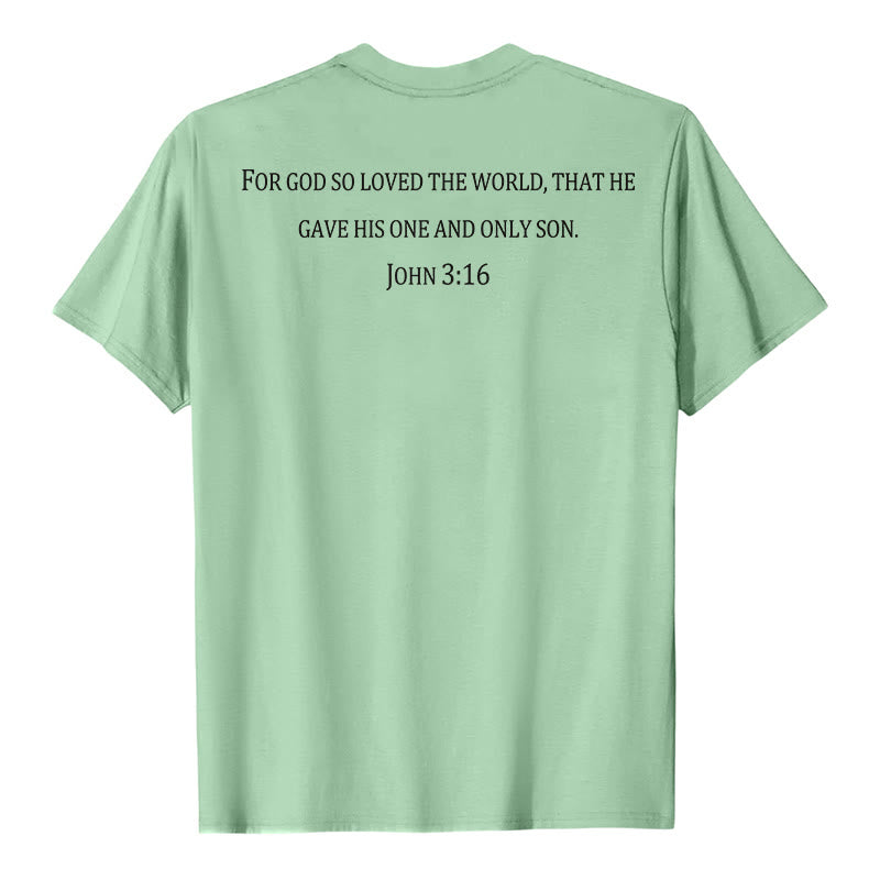 Christianartworkshop Juan 3:16 Porque de tal manera amó Dios al mundo. Camiseta de manga corta premium con cruz en la parte delantera del pecho y versículo bíblico en la espalda. - image 17