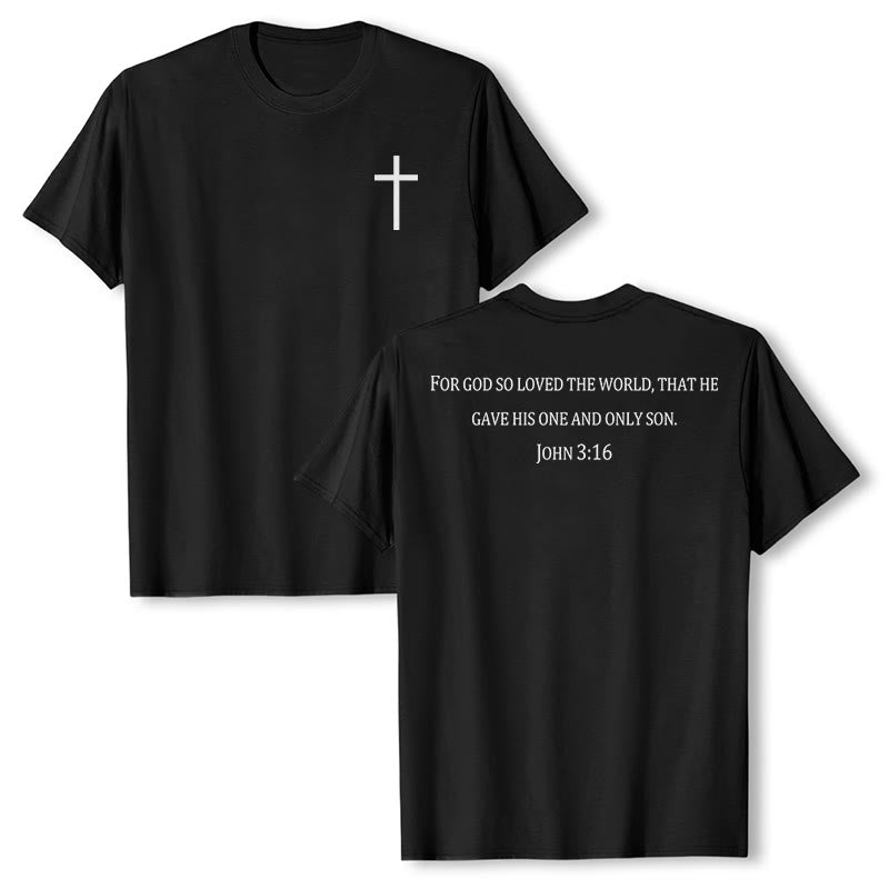 Christianartworkshop Juan 3:16 Porque de tal manera amó Dios al mundo. Camiseta de manga corta premium con cruz en la parte delantera del pecho y versículo bíblico en la espalda. - Negro - 2XL - image 0