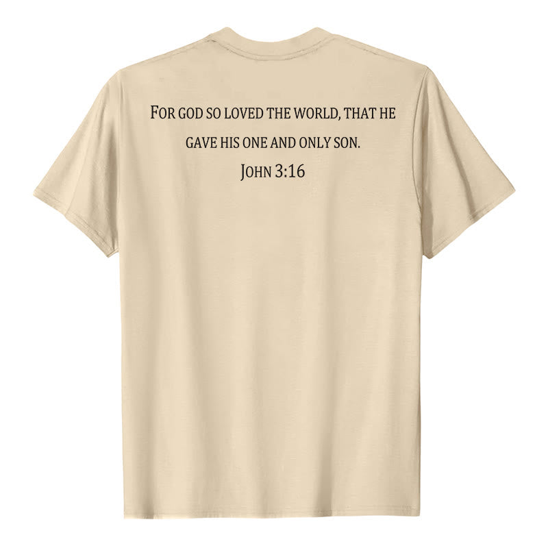 Christianartworkshop Juan 3:16 Porque de tal manera amó Dios al mundo. Camiseta de manga corta premium con cruz en la parte delantera del pecho y versículo bíblico en la espalda. - image 26