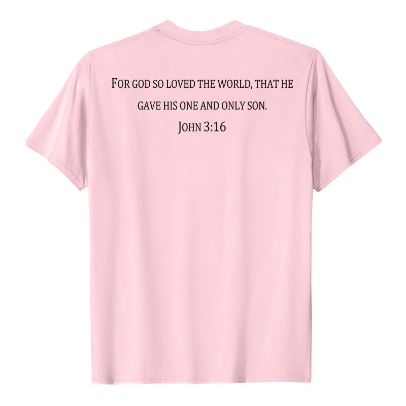 Christianartworkshop Juan 3:16 Porque de tal manera amó Dios al mundo. Camiseta de manga corta premium con cruz en la parte delantera del pecho y versículo bíblico en la espalda. - image 11