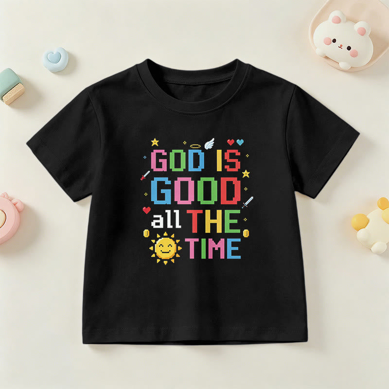 Christianartworkshop Camiseta infantil de manga corta con detalle de ángel y sol pixelado a color: "Dios es bueno todo el tiempo". - Negro - EE. UU./Reino Unido/Australia 14, UE 170 - image 0