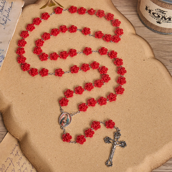 Christianartworkshop Elegante rosa roja flor, cuenta, medalla de esmalte de Nuestra Señora, crucifijo, rosario - Rosario de Rosas Rojas - image 0