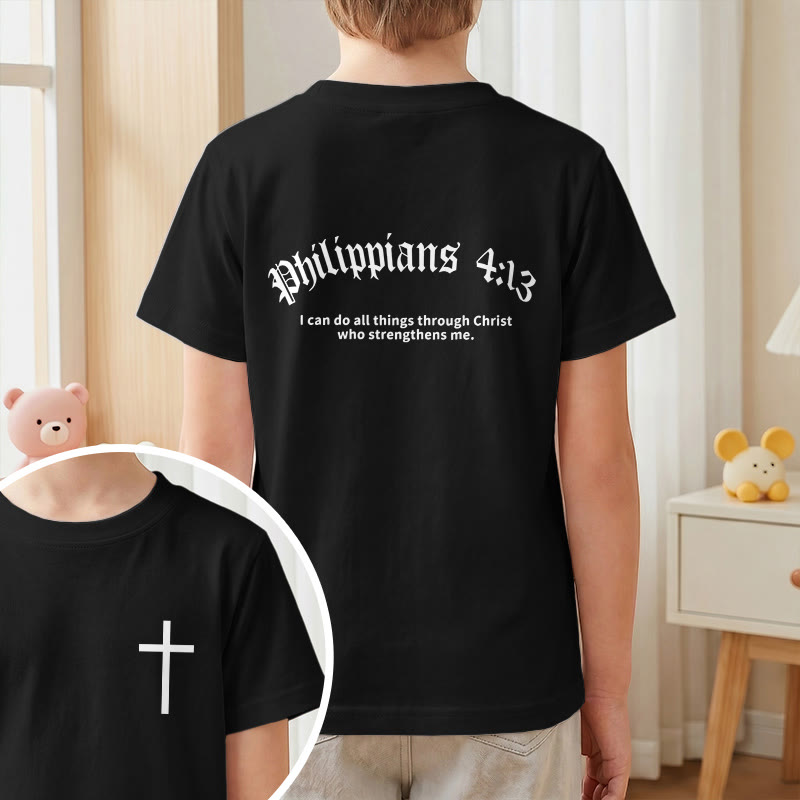 Christianartworkshop Filipenses 4:13 Camiseta infantil de manga corta con cruz en la parte delantera, espalda y fuente gótica - image 37