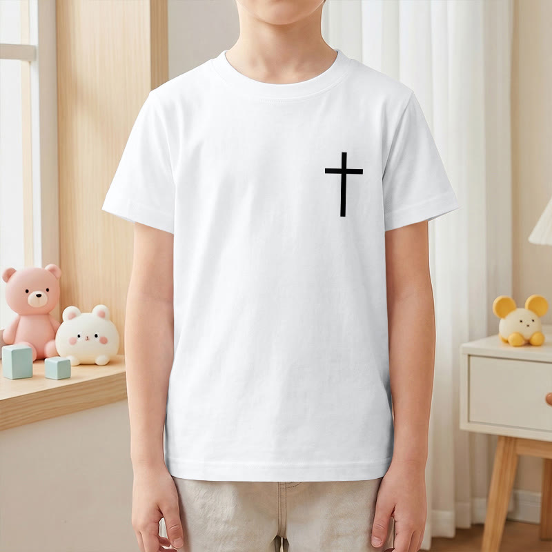 Christianartworkshop Filipenses 4:13 Camiseta infantil de manga corta con cruz en la parte delantera, espalda y fuente gótica - image 13