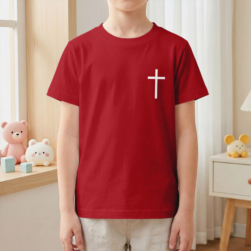 Christianartworkshop Filipenses 4:13 Camiseta infantil de manga corta con cruz en la parte delantera, espalda y fuente gótica - image 58