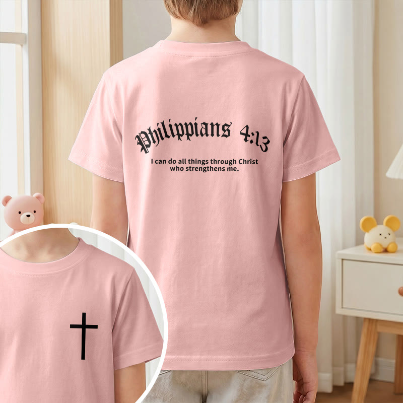 Christianartworkshop Filipenses 4:13 Camiseta infantil de manga corta con cruz en la parte delantera, espalda y fuente gótica - image 64