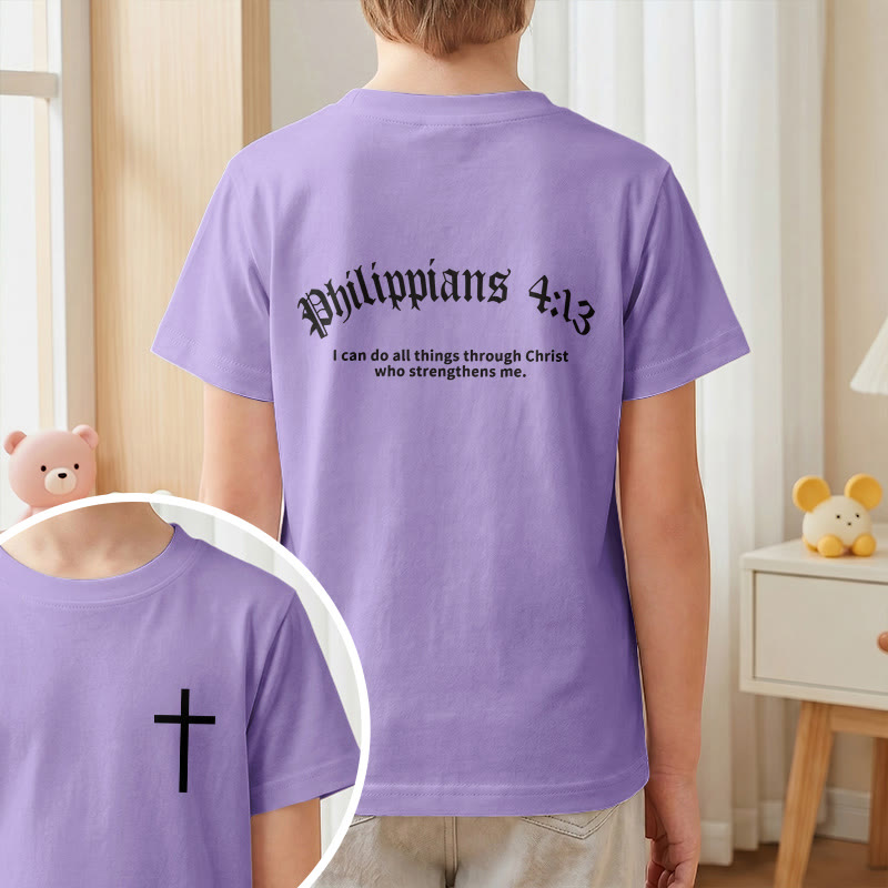 Christianartworkshop Filipenses 4:13 Camiseta infantil de manga corta con cruz en la parte delantera, espalda y fuente gótica - image 46