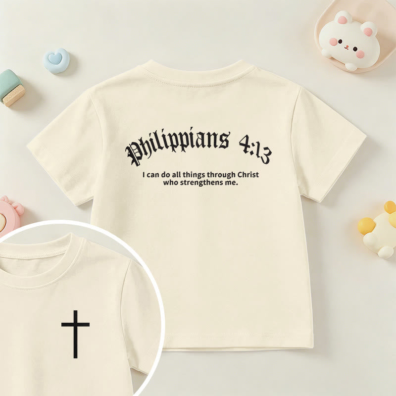 Christianartworkshop Filipenses 4:13 Camiseta infantil de manga corta con cruz en la parte delantera, espalda y fuente gótica - Beige - EE. UU./Reino Unido/Australia 14, UE 170 - image 0