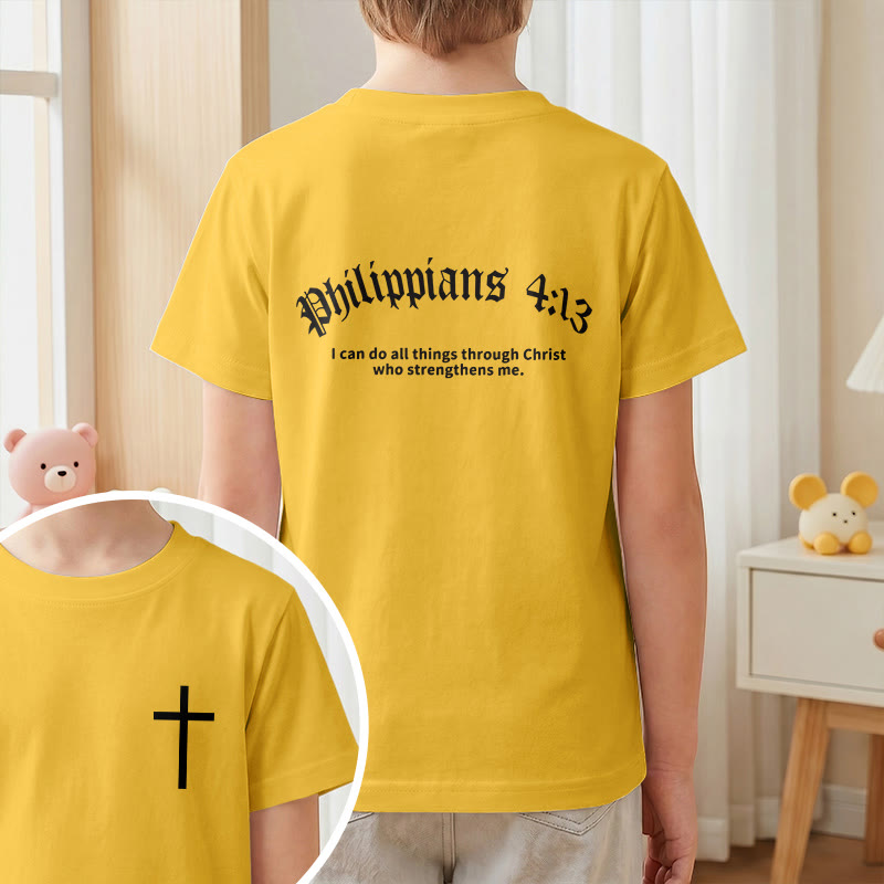 Christianartworkshop Filipenses 4:13 Camiseta infantil de manga corta con cruz en la parte delantera, espalda y fuente gótica - image 28