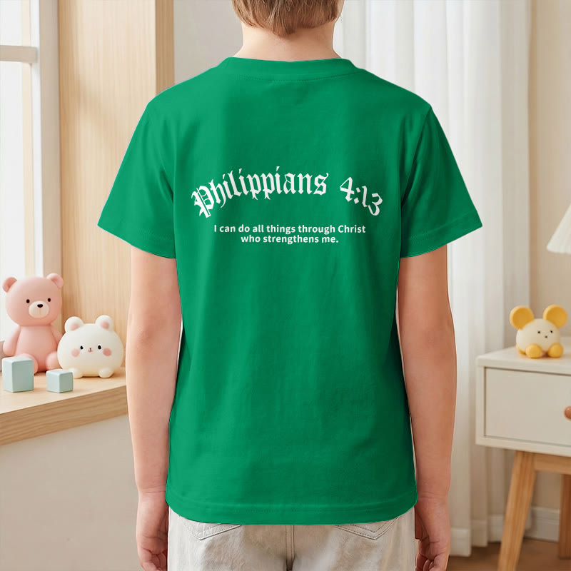 Christianartworkshop Filipenses 4:13 Camiseta infantil de manga corta con cruz en la parte delantera, espalda y fuente gótica - image 79