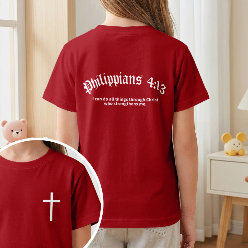 Christianartworkshop Filipenses 4:13 Camiseta infantil de manga corta con cruz en la parte delantera, espalda y fuente gótica - image 56