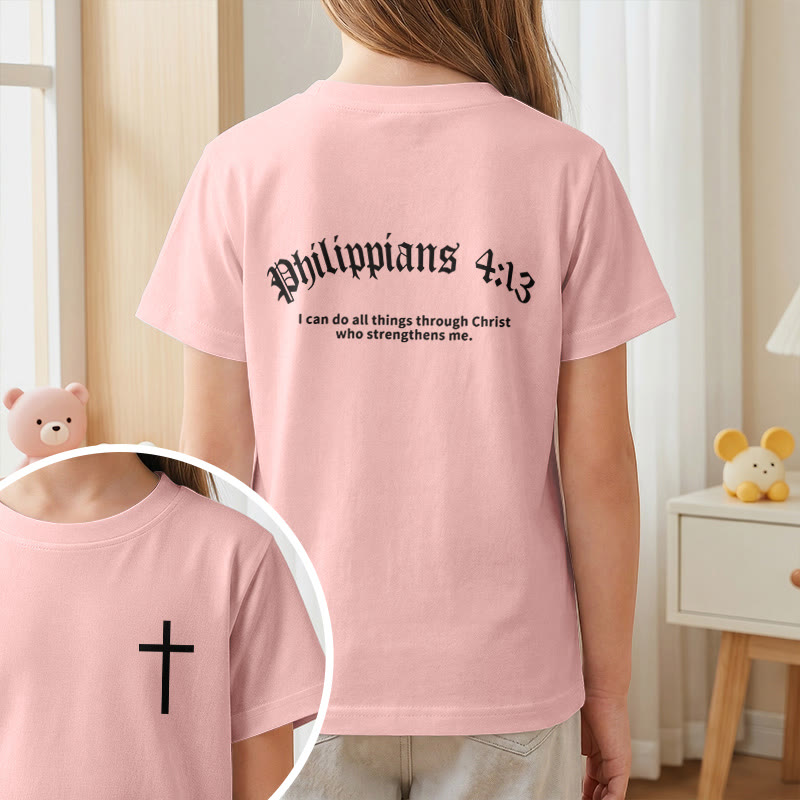 Christianartworkshop Filipenses 4:13 Camiseta infantil de manga corta con cruz en la parte delantera, espalda y fuente gótica - image 65