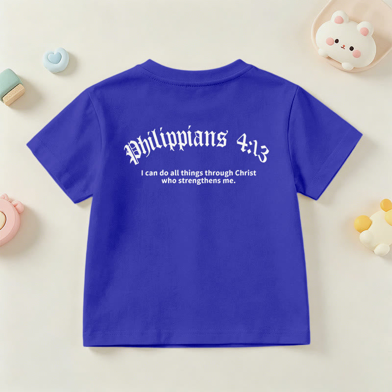 Christianartworkshop Filipenses 4:13 Camiseta infantil de manga corta con cruz en la parte delantera, espalda y fuente gótica - image 87