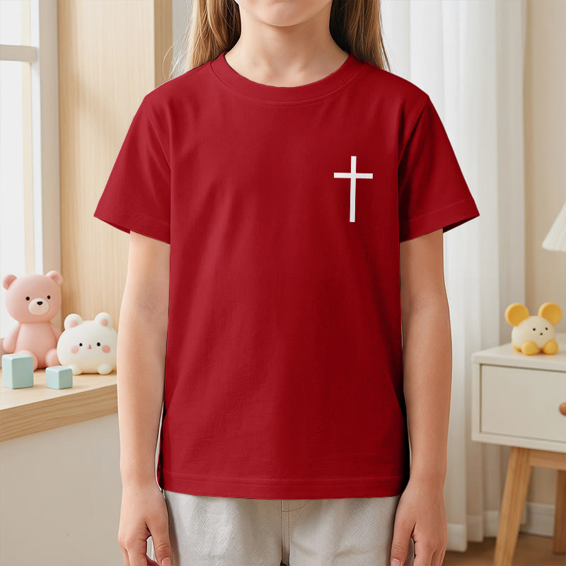 Christianartworkshop Filipenses 4:13 Camiseta infantil de manga corta con cruz en la parte delantera, espalda y fuente gótica - image 59