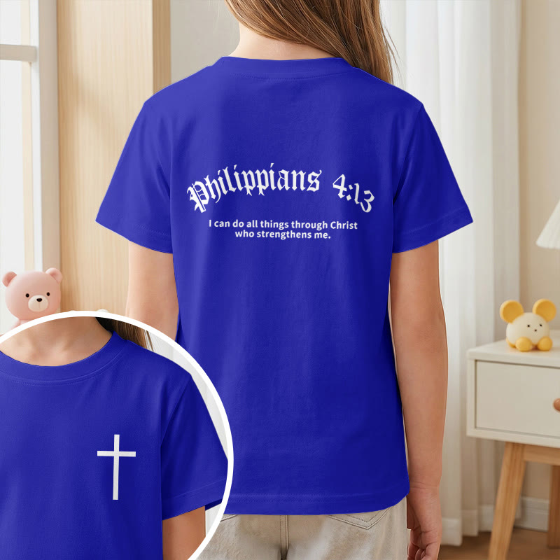 Christianartworkshop Filipenses 4:13 Camiseta infantil de manga corta con cruz en la parte delantera, espalda y fuente gótica - image 89