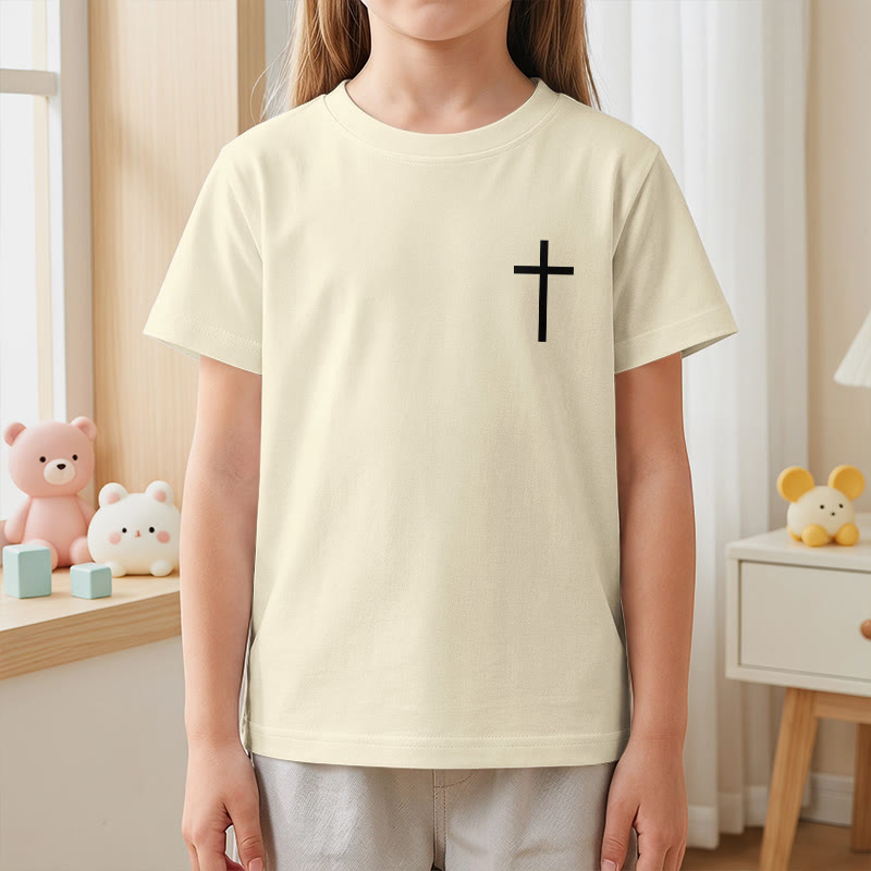 Christianartworkshop Filipenses 4:13 Camiseta infantil de manga corta con cruz en la parte delantera, espalda y fuente gótica - image 5
