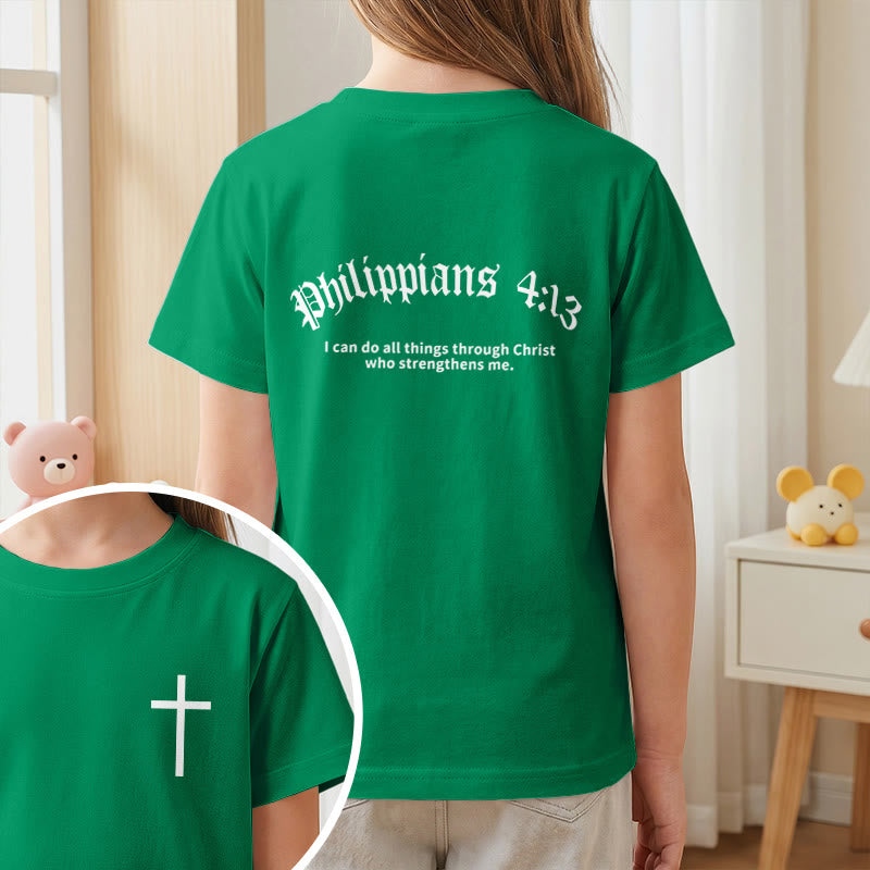 Christianartworkshop Filipenses 4:13 Camiseta infantil de manga corta con cruz en la parte delantera, espalda y fuente gótica - image 74