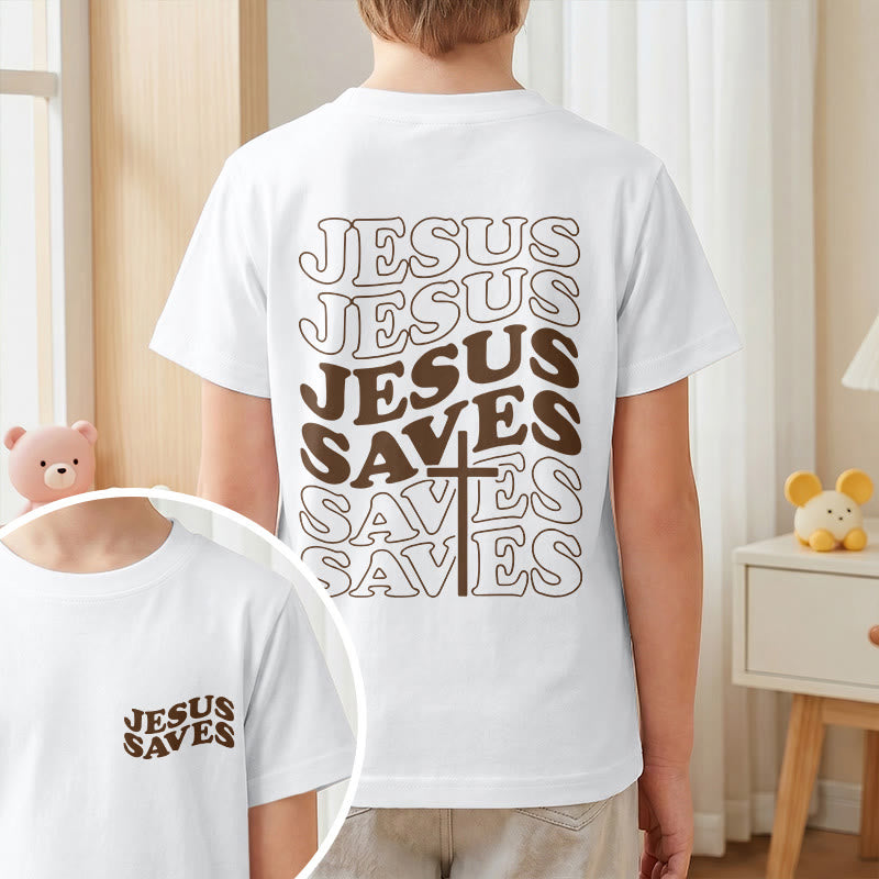 Christianartworkshop Camiseta infantil clásica de manga corta con cruz y tipografía de burbujas apiladas "Jesús salva" - image 1