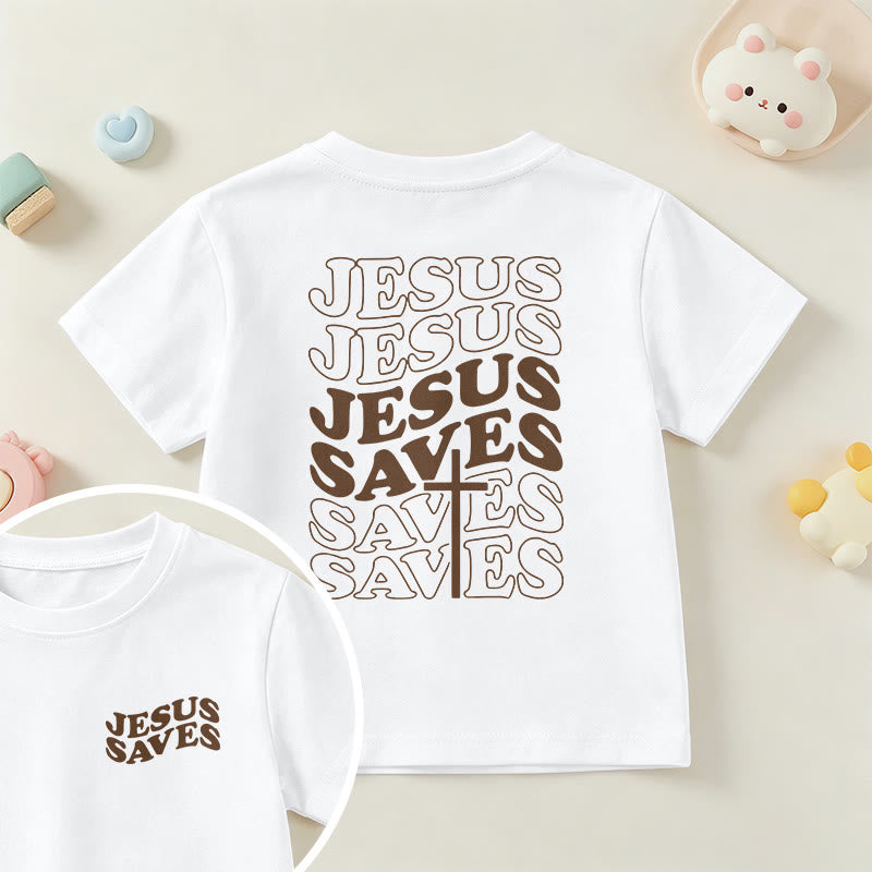 Christianartworkshop Camiseta infantil clásica de manga corta con cruz y tipografía de burbujas apiladas "Jesús salva" - Blanco - EE. UU./Reino Unido/Australia 14, UE 170 - image 0