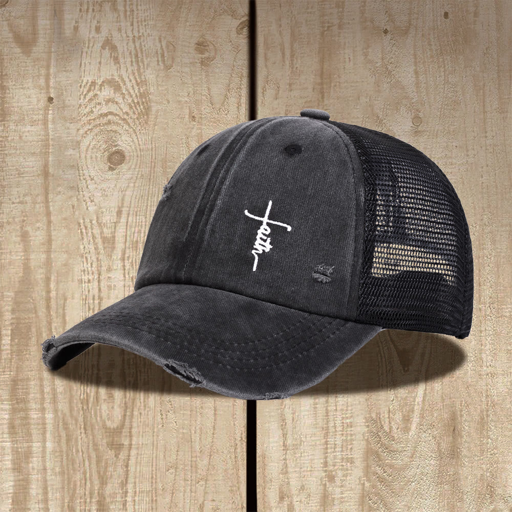 Christianartworkshop Gorra de camionero unisex con parte trasera de malla desgastada y bordado cursivo de la Cruz de la Fe - Gris oscuro - image 0