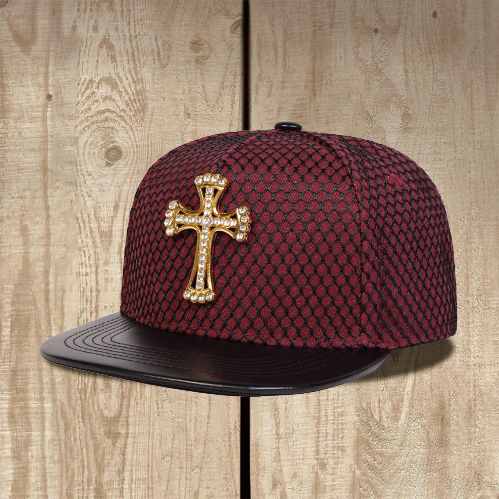 Christianartworkshop Gorra unisex snapback con visera plana y malla de panal con adorno de cruz - borgoña - image 0