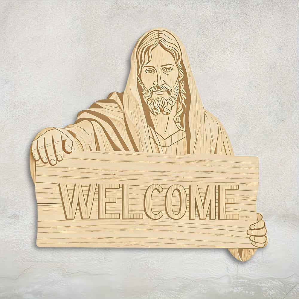 Christianartworkshop Tapiz de pared de madera natural con placa impresa de Jesús "BIENVENIDO": Un recordatorio de brazos abiertos. - image 1