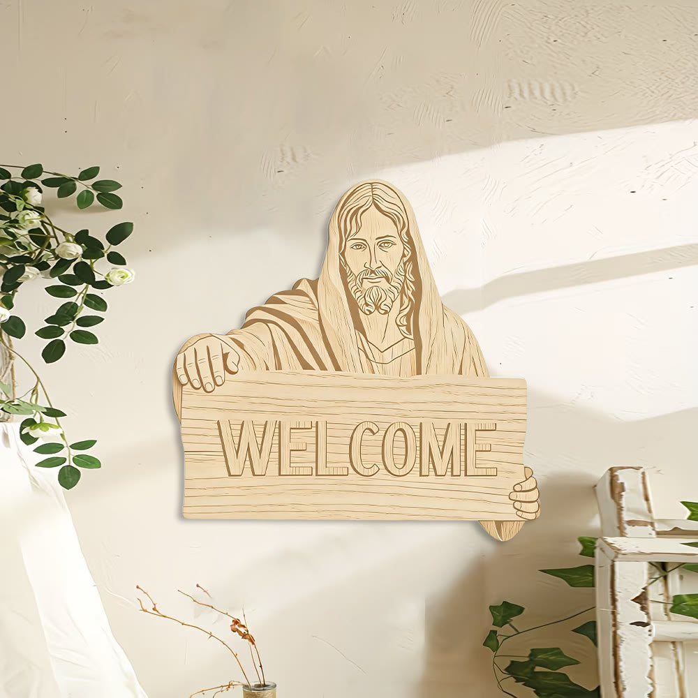 Christianartworkshop Tapiz de pared de madera natural con placa impresa de Jesús "BIENVENIDO": Un recordatorio de brazos abiertos. - 15,75''*15,35''*0,2''/40*39*0,5 cm - image 0